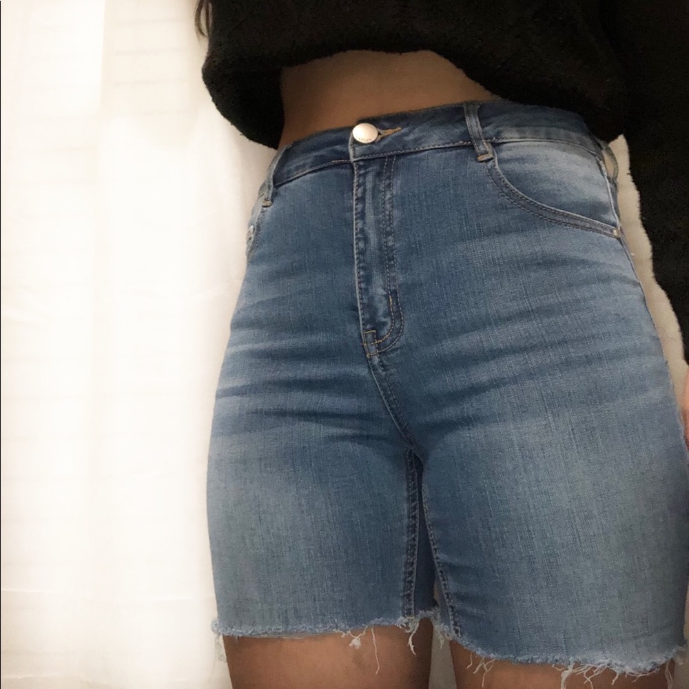 Light blue high wasted jean shorts.
